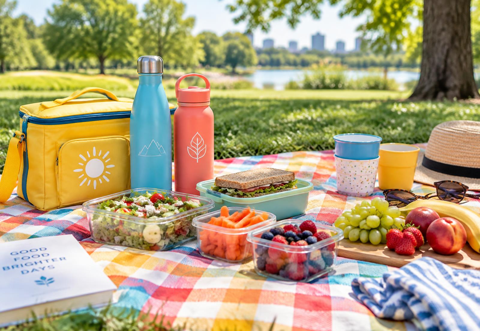 Bright picnic setup with bottles, blankets and food containers